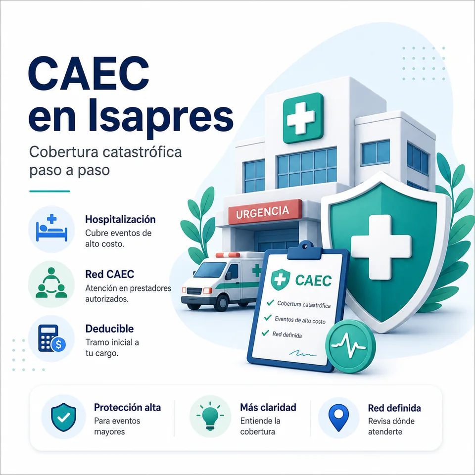 Infografía Cotizador Isapre sobre CAEC, red catastrófica y deducible