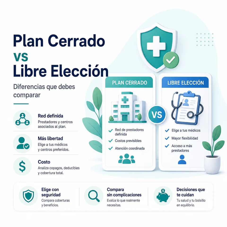 Infografía Cotizador Isapre comparando plan cerrado y libre elección