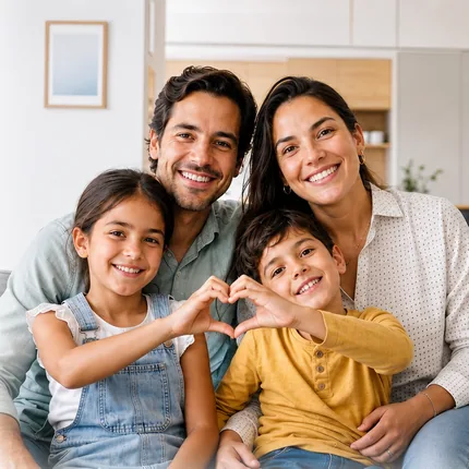 Familia chilena sonriendo mientras evalúa un Plan de Salud Isapre